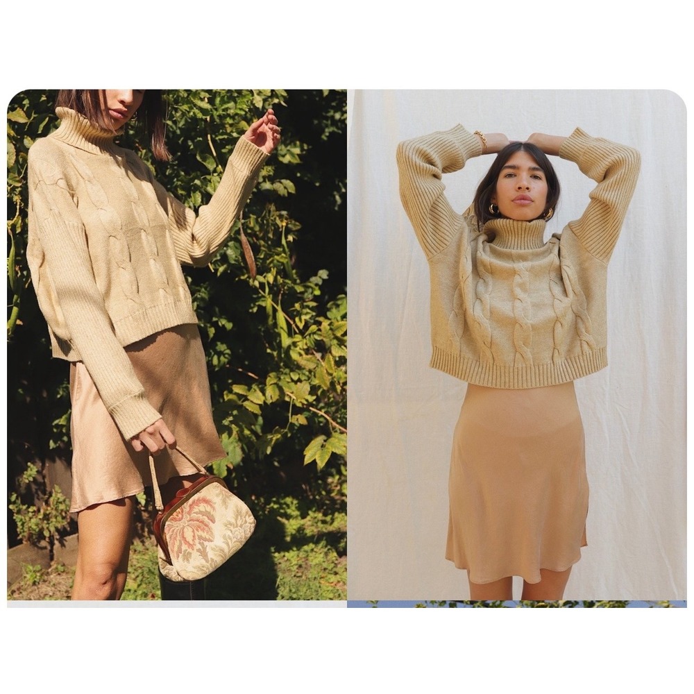 EMORY PARK Cable Knit Turtleneck Sweater Beige Cropped Relaxed Fit XS‎